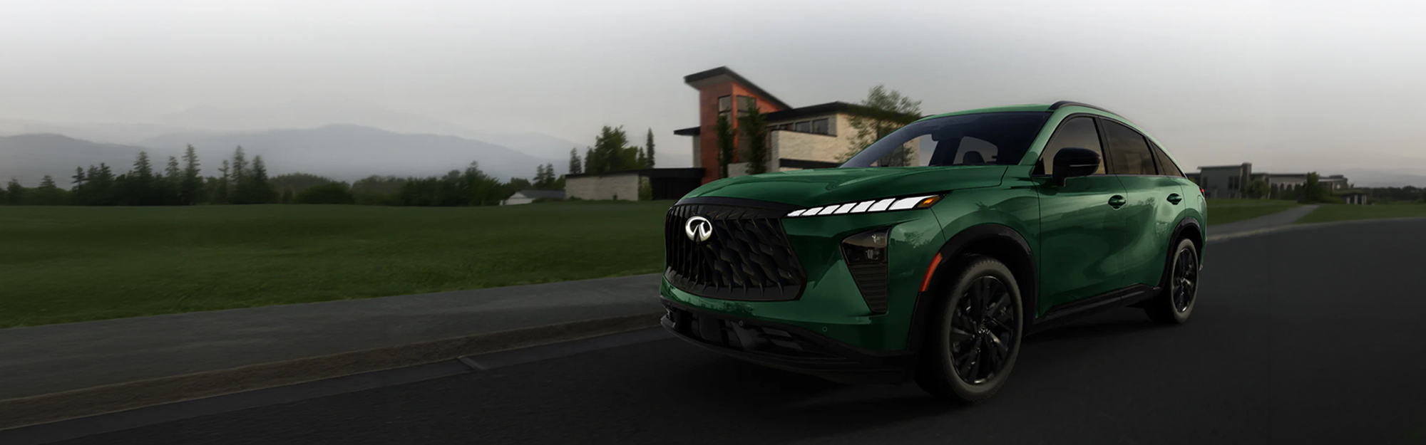 2027 Infiniti QX65 in green driving on a residential road, showcasing its bold front grille, sleek LED lighting, black wheels, and modern luxury SUV design.