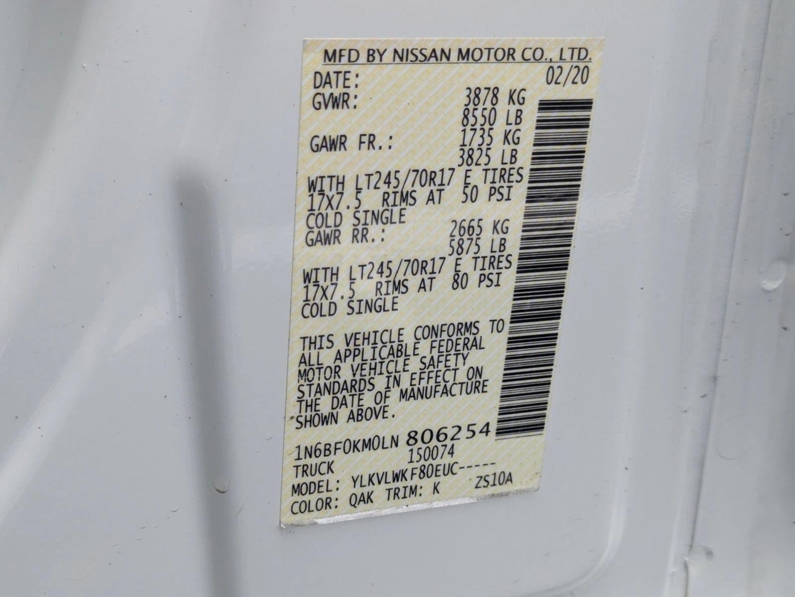 2020 Nissan NV Cargo Standard Roof V6 S