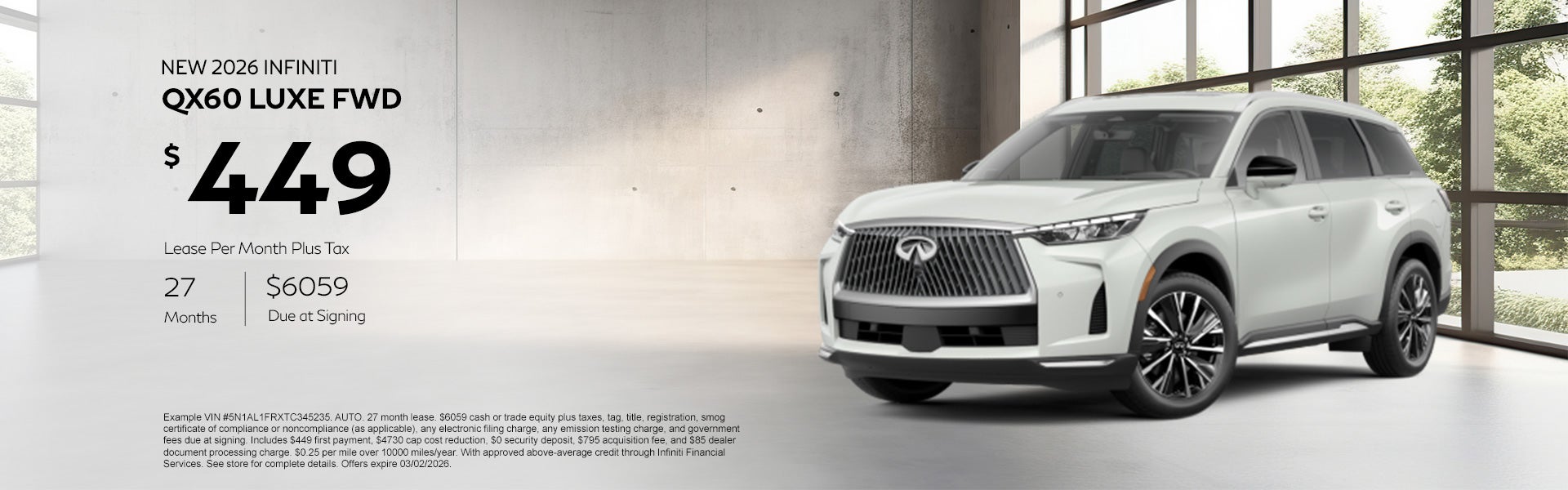 White 2026 Infiniti QX60 Luxe FWD lease offer